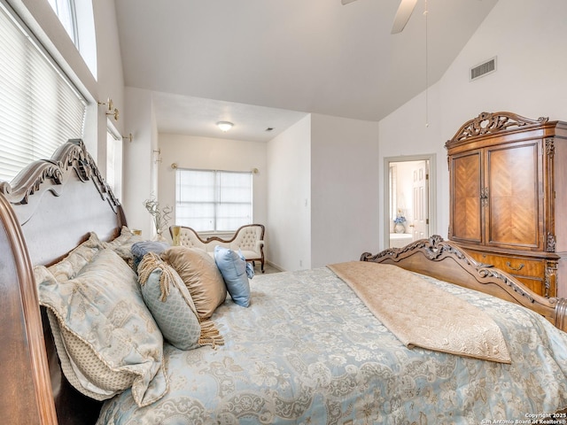 bedroom with high vaulted ceiling and ceiling fan