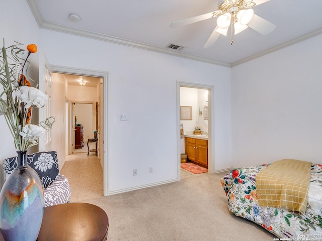 living area with light carpet, crown molding, and ceiling fan