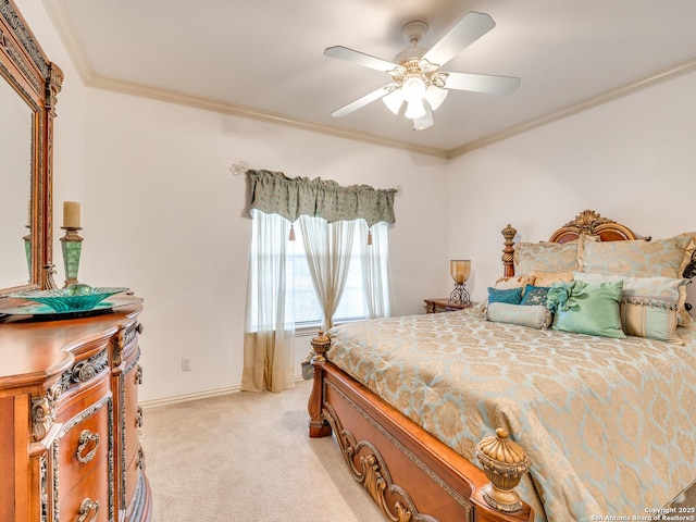 bedroom with ceiling fan, ornamental molding, and light carpet