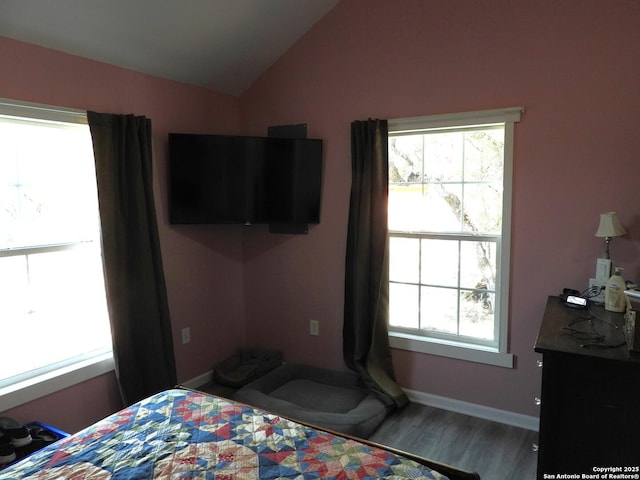 bedroom with lofted ceiling and hardwood / wood-style floors