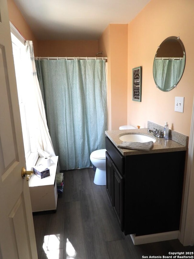 bathroom with vanity, hardwood / wood-style floors, and toilet