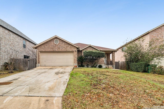 single story home featuring a garage and a front yard