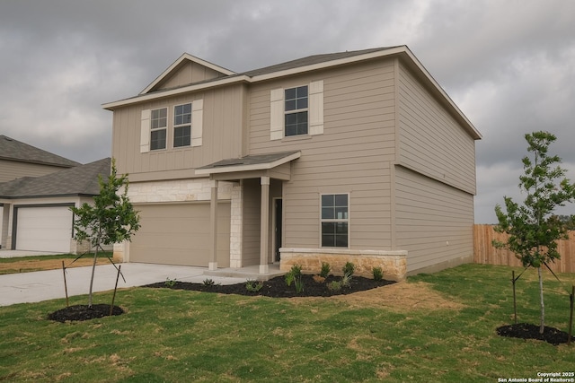 8409 Roadrunner Psge, San Antonio, TX 78222 - view of front of home with driveway, stone siding, an attached garage, and board and batten siding