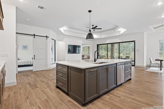 kitchen with a tray ceiling, a barn door, and sink