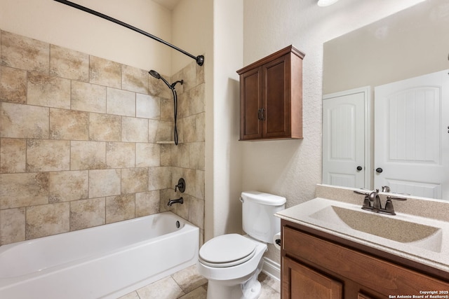 full bathroom featuring toilet, vanity,  shower combination, tile patterned flooring, and baseboards