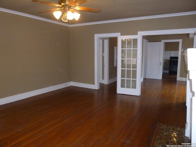 unfurnished room with ceiling fan, crown molding, and dark hardwood / wood-style flooring