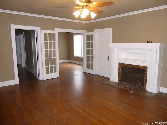 unfurnished living room with ceiling fan, ornamental molding, dark wood-type flooring, and french doors