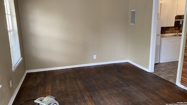 unfurnished dining area with sink and dark hardwood / wood-style floors