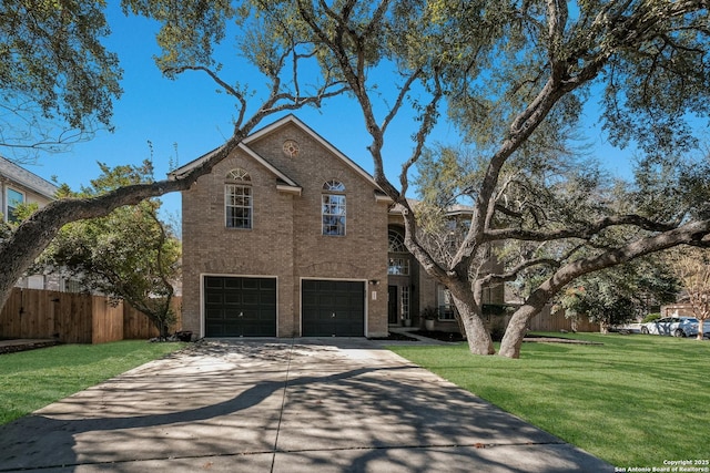 view of side of property featuring a garage and a lawn