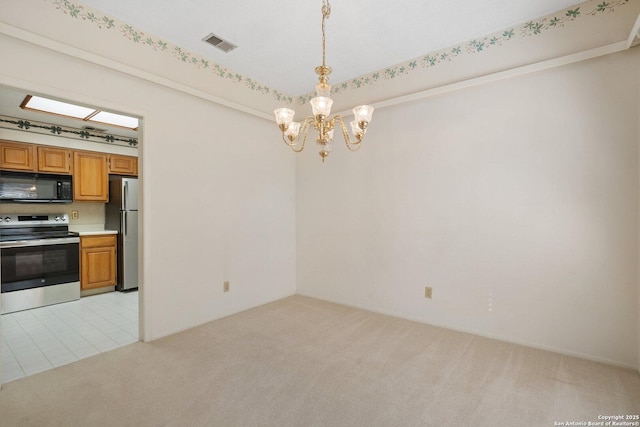 unfurnished dining area featuring a chandelier, light colored carpet, and visible vents