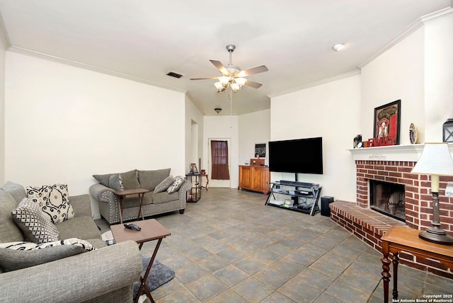 living room featuring a fireplace and ornamental molding