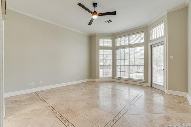 spare room featuring ornamental molding, light tile patterned flooring, and ceiling fan