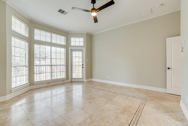 empty room with light tile patterned flooring, ceiling fan, and ornamental molding