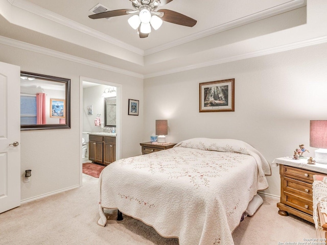 bedroom featuring a raised ceiling, visible vents, ornamental molding, light carpet, and baseboards