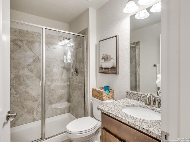 bathroom featuring toilet, a stall shower, a textured wall, and vanity