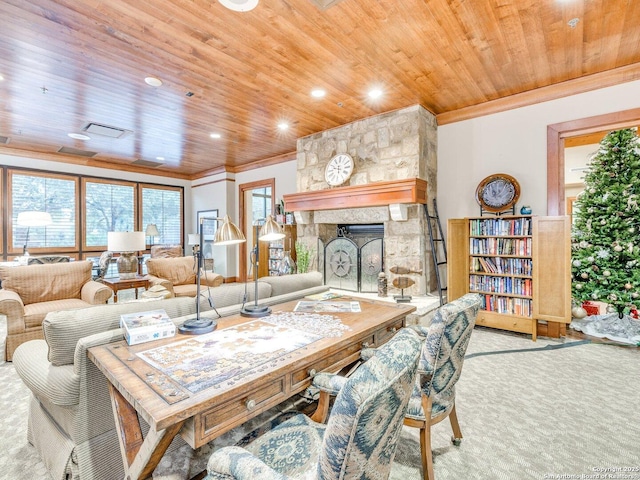 living area with a stone fireplace, ornamental molding, wooden ceiling, and recessed lighting