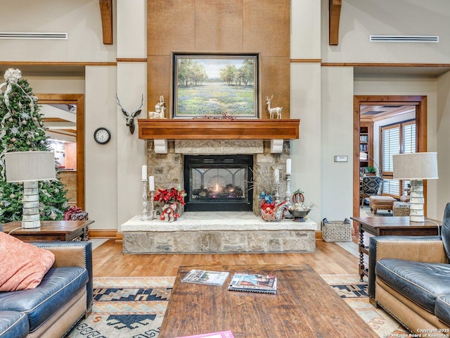 living room featuring a stone fireplace and light wood finished floors