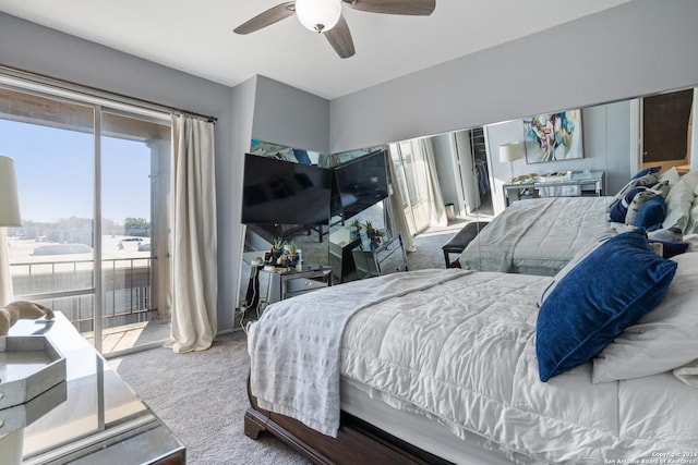 carpeted bedroom featuring ceiling fan and access to exterior