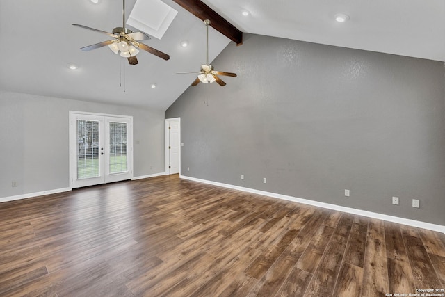 unfurnished living room with beam ceiling, french doors, high vaulted ceiling, ceiling fan, and dark hardwood / wood-style flooring