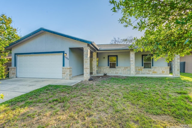 5023 Stockman Dr, San Antonio, TX 78247 - ranch-style home with a front yard, an attached garage, stone siding, and stucco siding