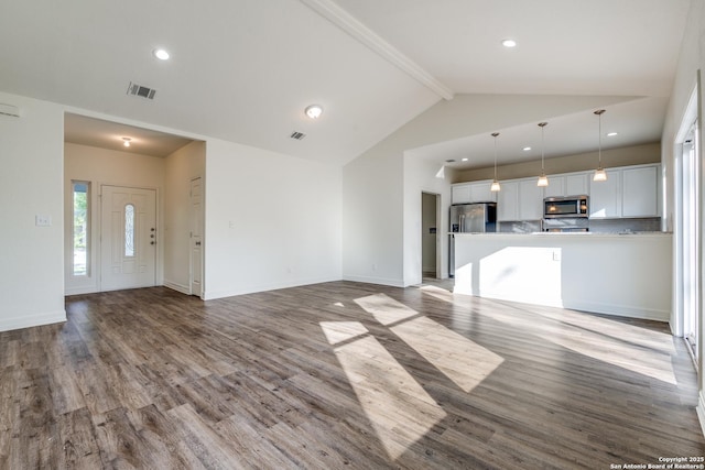 5023 Stockman Dr, San Antonio, TX 78247 - unfurnished living room with recessed lighting, visible vents, lofted ceiling with beams, and dark wood-style floors