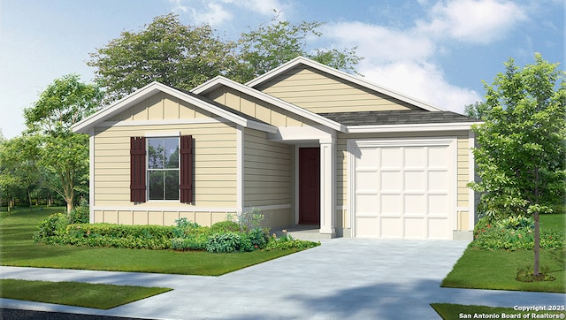 view of front of home with a front yard and a garage