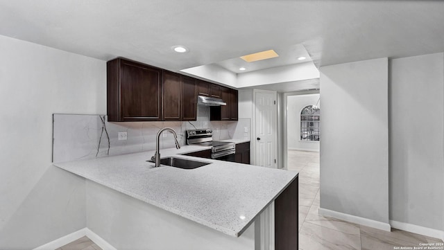 kitchen featuring sink, stainless steel range with electric stovetop, kitchen peninsula, dark brown cabinets, and decorative backsplash