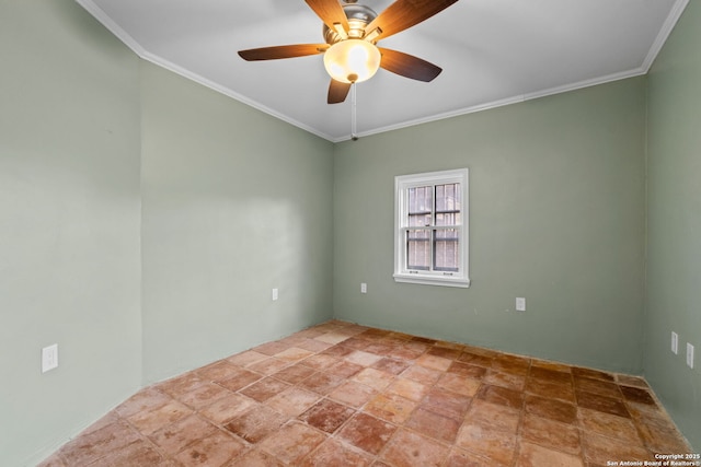 unfurnished room with ornamental molding and a ceiling fan