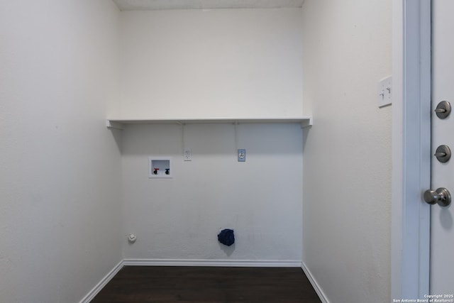 laundry room with laundry area, hookup for a washing machine, dark wood finished floors, and baseboards