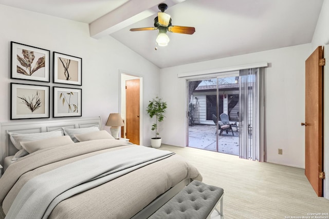 bedroom featuring lofted ceiling with beams, ceiling fan, light carpet, and access to exterior