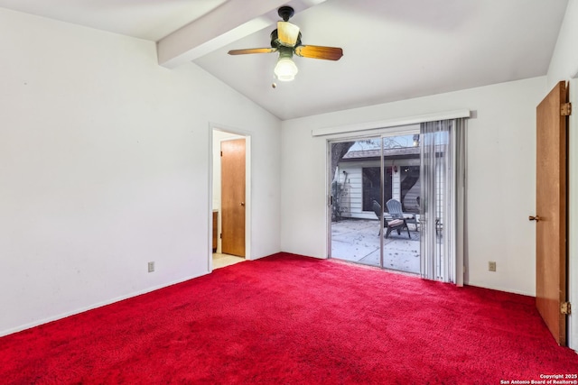 unfurnished bedroom featuring lofted ceiling with beams, access to outside, ceiling fan, and light colored carpet