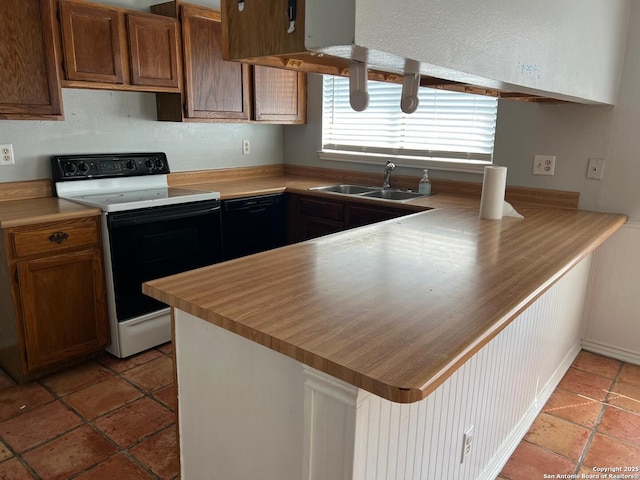 kitchen with black dishwasher, light tile patterned floors, sink, electric range oven, and kitchen peninsula