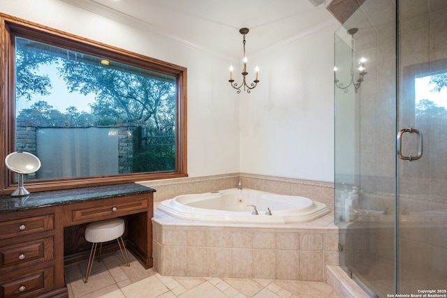 bathroom with tile patterned floors, plus walk in shower, crown molding, and a notable chandelier