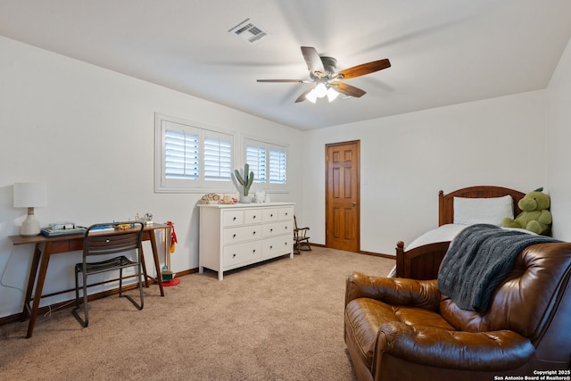 bedroom featuring ceiling fan and light colored carpet