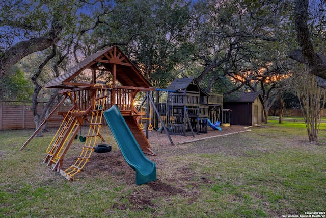 view of play area featuring a lawn