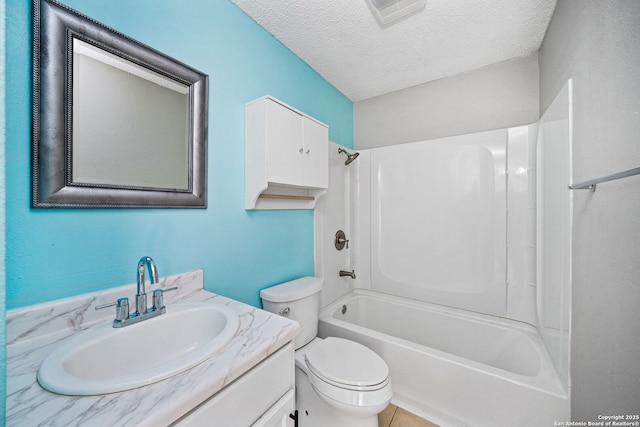 full bathroom featuring a textured ceiling, toilet, vanity, and  shower combination