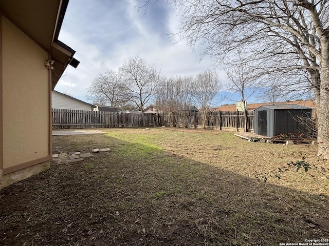 view of yard featuring a storage shed