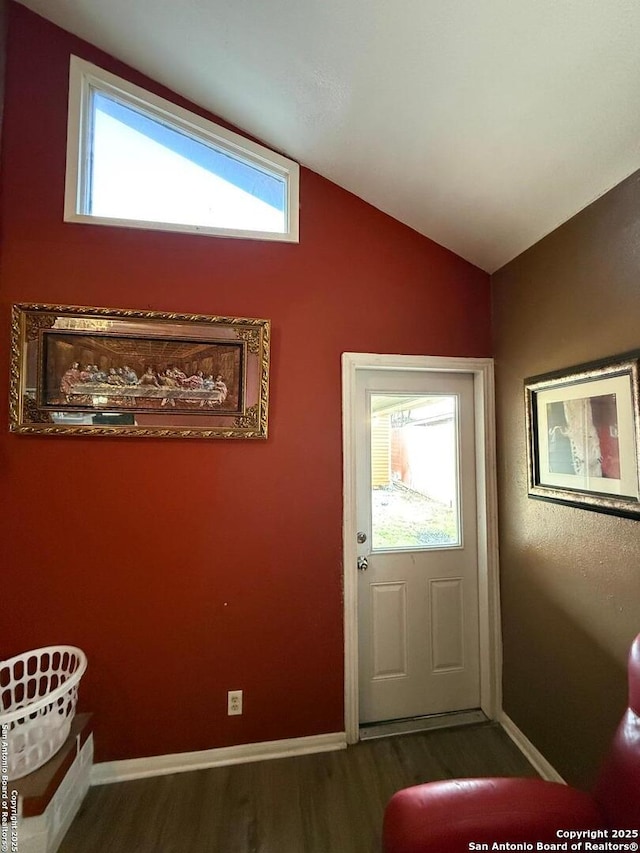 entryway featuring dark hardwood / wood-style flooring and vaulted ceiling