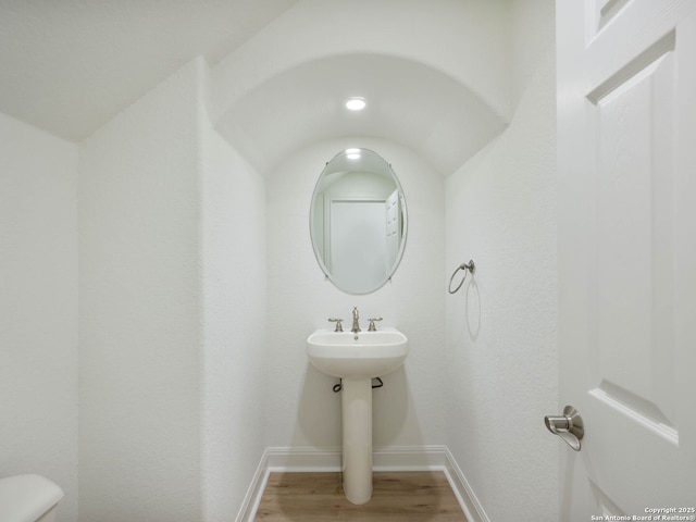 bathroom with toilet and wood-type flooring