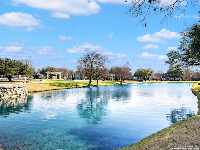 property view of water with a gazebo