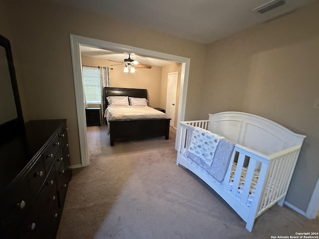 bedroom featuring carpet floors and ceiling fan