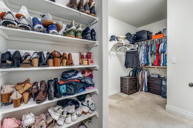 walk in closet with light colored carpet