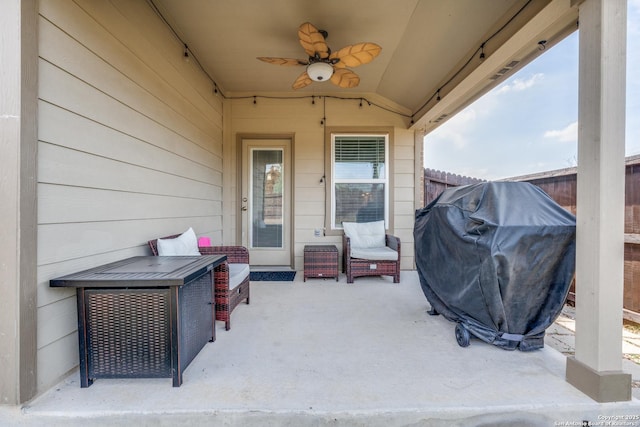 view of patio / terrace featuring ceiling fan and a grill