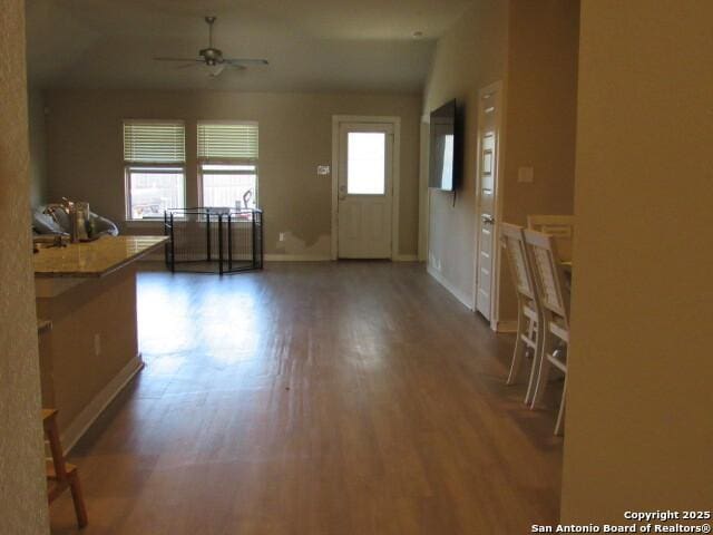 interior space featuring ceiling fan and dark hardwood / wood-style flooring