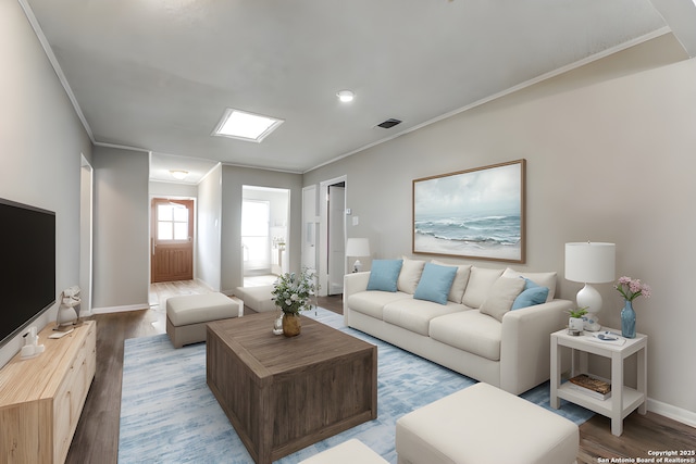 living room featuring crown molding and wood-type flooring