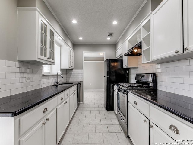 kitchen featuring dishwashing machine, crown molding, stainless steel gas stove, sink, and white cabinetry