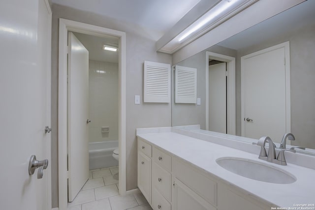 bathroom with shower / bathtub combination, vanity, toilet, and tile patterned floors