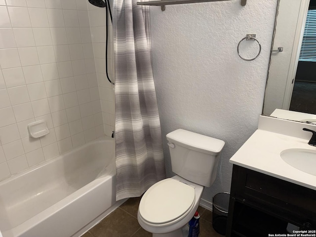 full bathroom featuring shower / tub combo with curtain, tile patterned flooring, vanity, and toilet