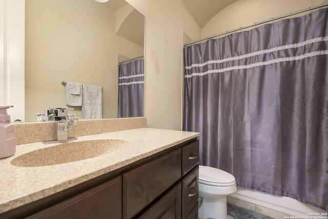 full bathroom featuring toilet, vanity, shower / bathtub combination with curtain, and lofted ceiling