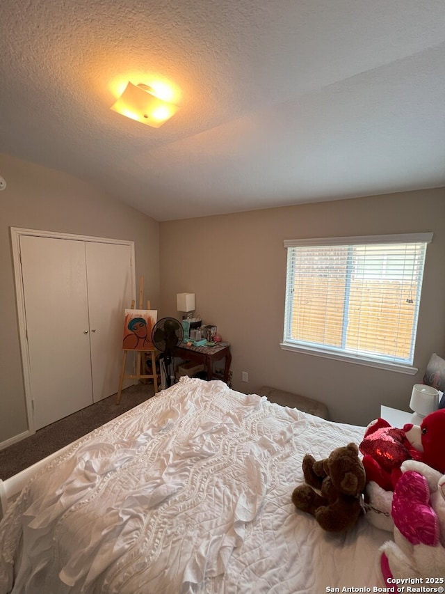 carpeted bedroom featuring a textured ceiling, a closet, and lofted ceiling